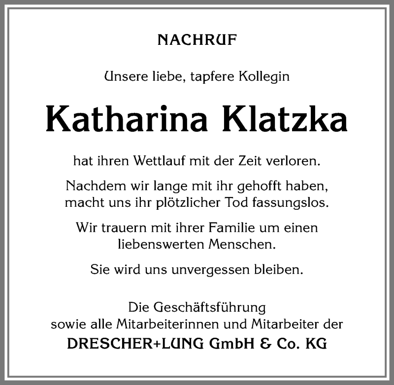  Traueranzeige für Katharina Klatzka vom 24.03.2018 aus Allgäuer Zeitung,Kempten