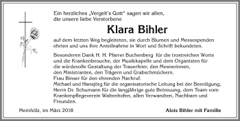 Traueranzeige von Klara Bihler von Allgäuer Zeitung,Kempten