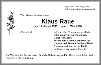 Traueranzeige von Klaus Raue von Allgäuer Anzeigeblatt