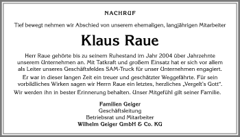 Traueranzeige von Klaus Raue von Allgäuer Anzeigeblatt