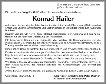 Traueranzeige von Konrad Hailer von Allgäuer Zeitung