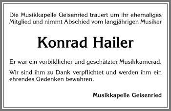 Traueranzeige von Konrad Hailer von Allgäuer Zeitung, Marktoberdorf