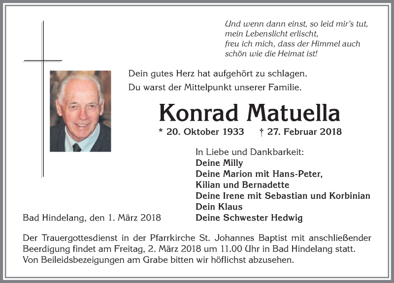  Traueranzeige für Konrad Matuella vom 01.03.2018 aus Allgäuer Anzeigeblatt