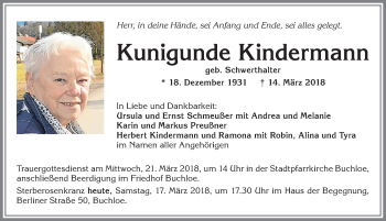 Traueranzeige von Kunigunde Kindermann von Allgäuer Zeitung, Kaufbeuren/Buchloe