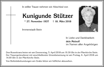 Traueranzeige von Kunigunde Stützer von Allgäuer Zeitung