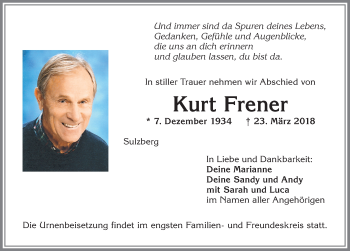 Traueranzeige von Kurt Frener von Allgäuer Zeitung,Kempten