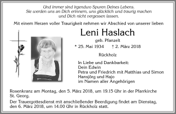 Traueranzeige von Leni Haslach von Allgäuer Zeitung