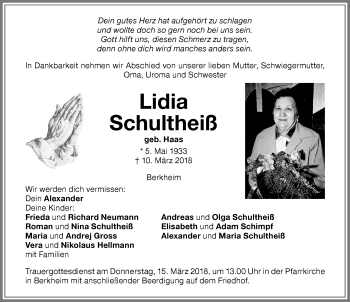 Traueranzeige von Lidia Schultheiß von Memminger Zeitung