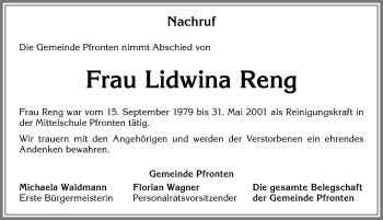 Traueranzeige von Lidwina Reng von Allgäuer Zeitung, Füssen