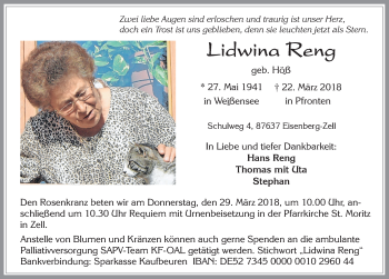 Traueranzeige von Lidwina Reng von Allgäuer Zeitung, Füssen