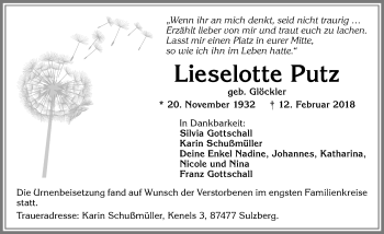 Traueranzeige von Lieselotte Putz von Allgäuer Zeitung