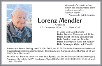 Traueranzeige von Lorenz Mendler von Allgäuer Zeitung,Kempten