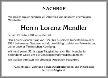 Traueranzeige von Lorenz Mendler von Allgäuer Zeitung,Kempten