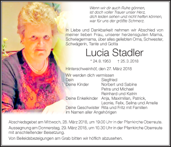 Traueranzeige von Lucia Stadler von Der Westallgäuer