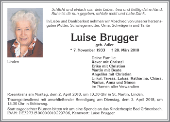 Traueranzeige von Luise Brugger von Allgäuer Zeitung, Kaufbeuren/Buchloe