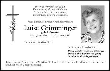 Traueranzeige von Luise Grimminger von Memminger Zeitung