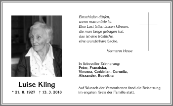Traueranzeige von Luise Kling von Allgäuer Anzeigeblatt
