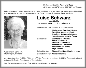 Traueranzeige von Luise Schwarz von Memminger Zeitung