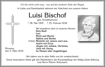 Traueranzeige von Luisi Bischof von Allgäuer Zeitung, Füssen