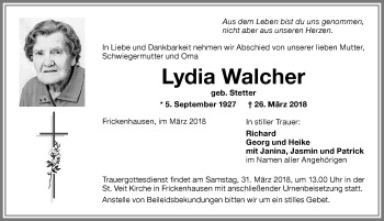 Traueranzeige von Lydia Walcher von Memminger Zeitung