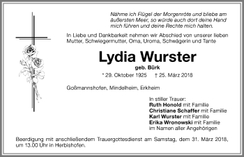 Traueranzeige von Lydia Wurster von Memminger Zeitung