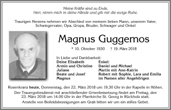Traueranzeige von Magnus Guggemos von Allgäuer Zeitung, Füssen