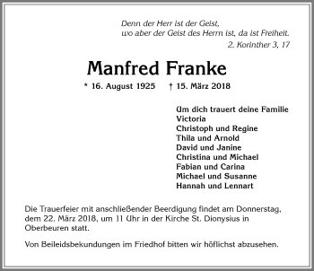 Traueranzeige von Manfred Franke von Allgäuer Zeitung, Kaufbeuren/Buchloe