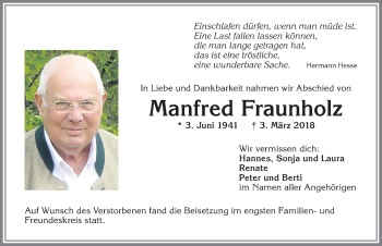 Traueranzeige von Manfred Fraunholz von Allgäuer Zeitung,Kempten
