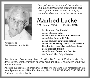 Traueranzeige von Manfred Lucke von Allgäuer Zeitung, Kaufbeuren/Buchloe