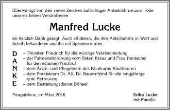 Traueranzeige von Manfred Lucke von Allgäuer Zeitung, Kaufbeuren/Buchloe