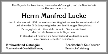 Traueranzeige von Manfred Lucke von Allgäuer Zeitung, Kaufbeuren/Buchloe