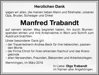 Traueranzeige von Manfred Trabandt von Memminger Zeitung