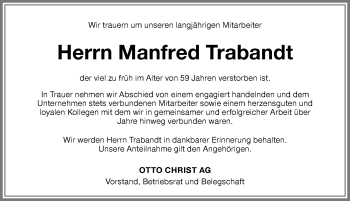 Traueranzeige von Manfred Trabandt von Memminger Zeitung