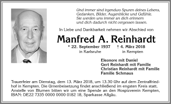Traueranzeige von Manfred A. Reinhardt von Allgäuer Zeitung,Kempten
