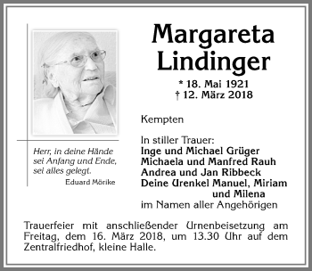 Traueranzeige von Margareta Lindinger von Allgäuer Zeitung,Kempten