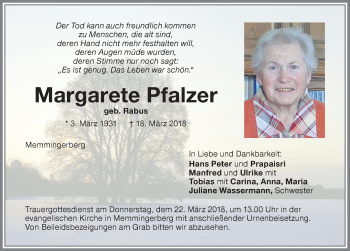 Traueranzeige von Margarete Pfalzer von Memminger Zeitung