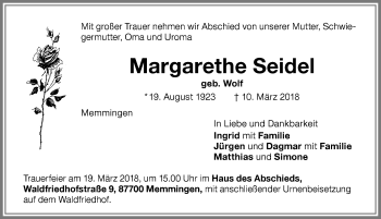 Traueranzeige von Margarethe Seidel von Memminger Zeitung