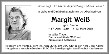 Traueranzeige von Margit Weiß von Allgäuer Zeitung, Kaufbeuren/Buchloe