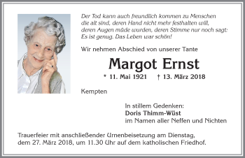 Traueranzeige von Margot Ernst von Allgäuer Zeitung,Kempten