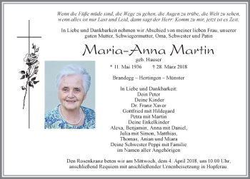 Traueranzeige von Maria-Anna Manin von Allgäuer Zeitung, Füssen