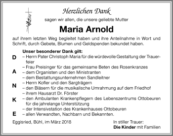 Traueranzeige von Maria Arnold von Memminger Zeitung
