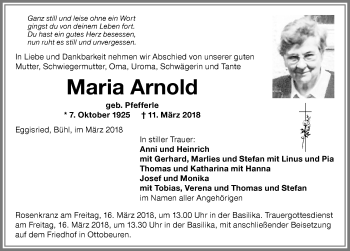 Traueranzeige von Maria Arnold von Memminger Zeitung