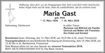 Traueranzeige von Maria Gast von Allgäuer Zeitung