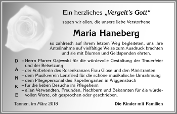 Traueranzeige von Maria Haneberg von Allgäuer Zeitung,Kempten