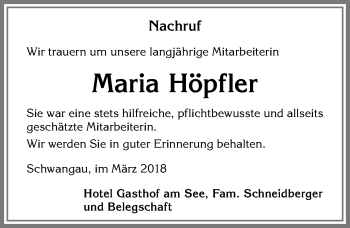 Traueranzeige von Maria Höpfler von Allgäuer Zeitung, Füssen
