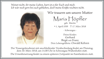 Traueranzeige von Maria Höpfler von Allgäuer Zeitung, Füssen