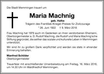 Traueranzeige von Maria Machnig von Memminger Zeitung