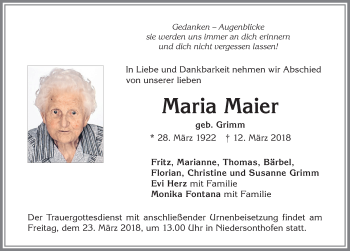 Traueranzeige von Maria Maier von Allgäuer Zeitung