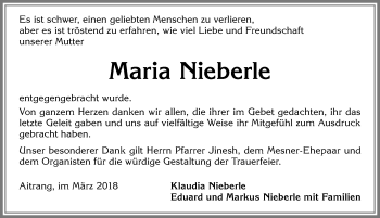 Traueranzeige von Maria Nieberle von Allgäuer Zeitung, Marktoberdorf