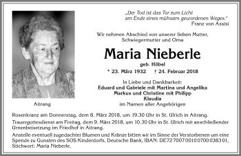 Traueranzeige von Maria Nieberle von Allgäuer Zeitung